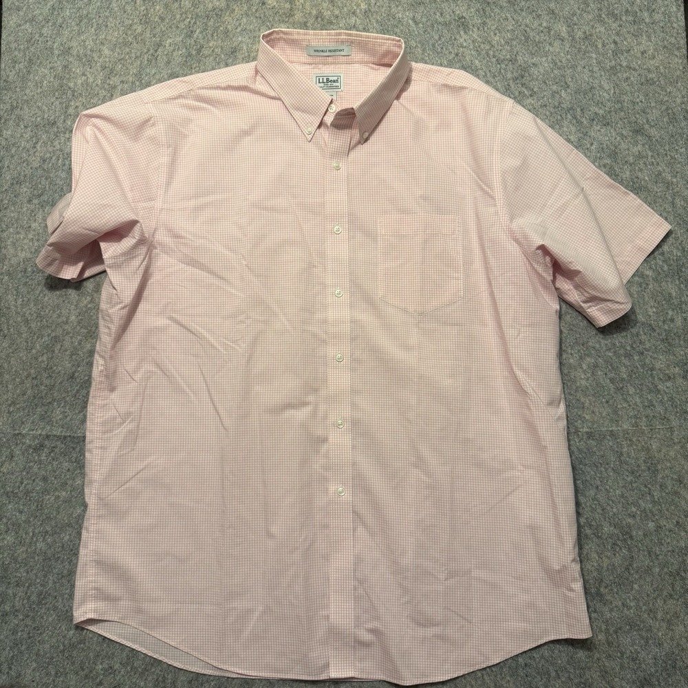 LL Bean Shirt Mens XL Regular Pink Gingham Check Short Sleeve Wrinkle Resistant